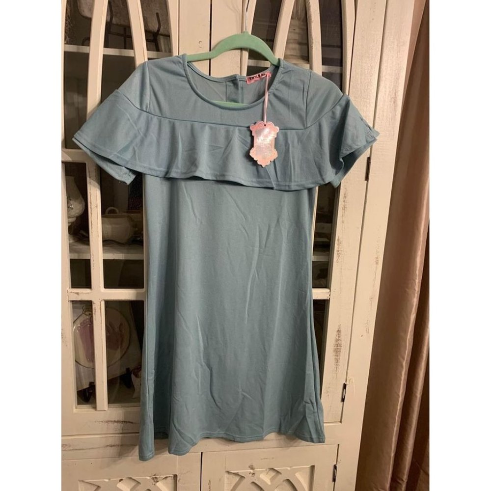 NWT Emily Stacy teal dress, small, collar covered shoulder (Bin X)